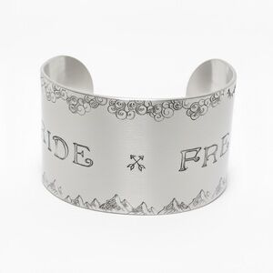 Handmade stamped Just Ride nature silver hypoallergenic adjustable cuff bracelet